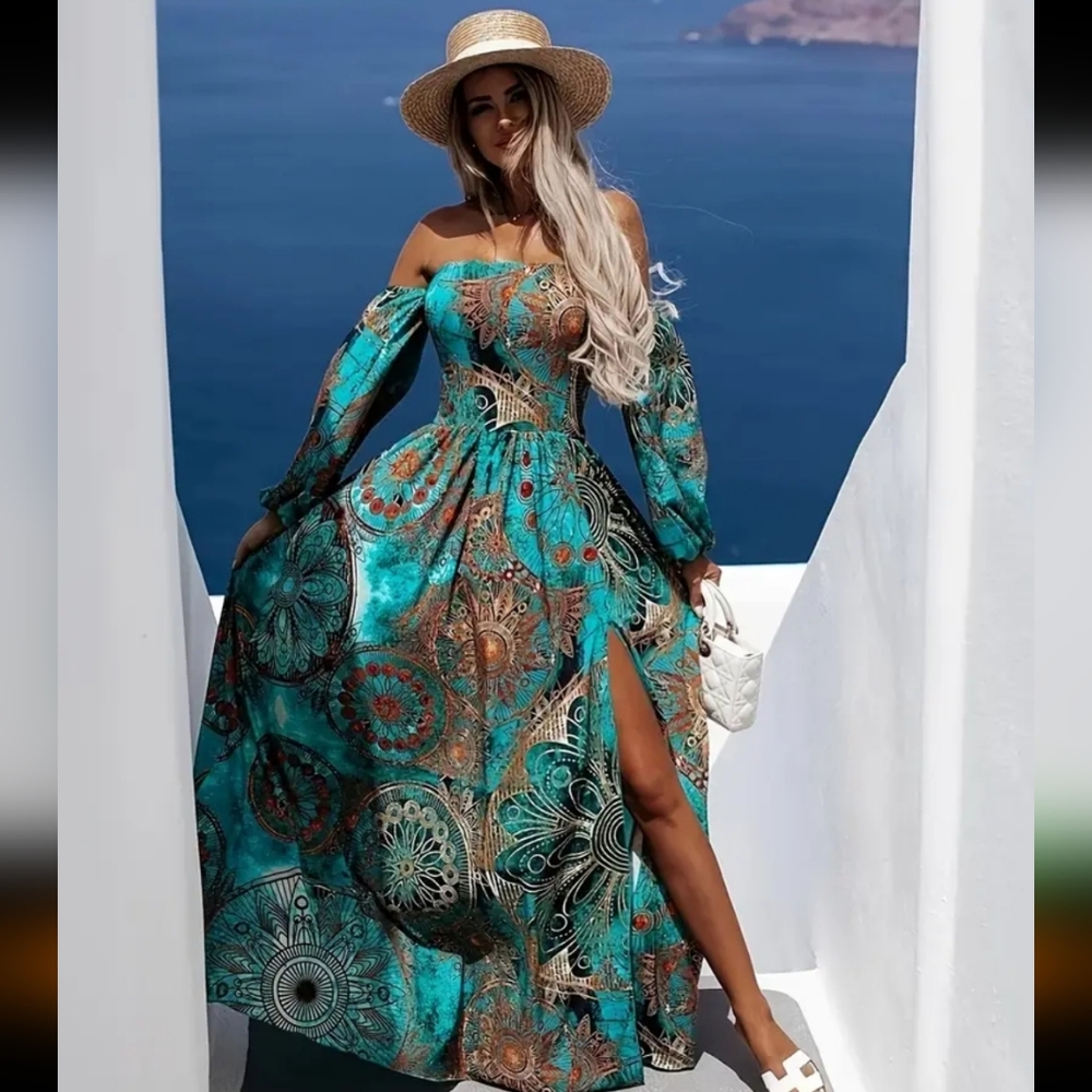 Blue Backless Off-the-Shoulder Sundress with Slit